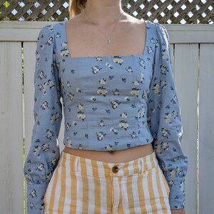 Rachel Zoe| Blue floral long-sleeve top with puffy sleeves